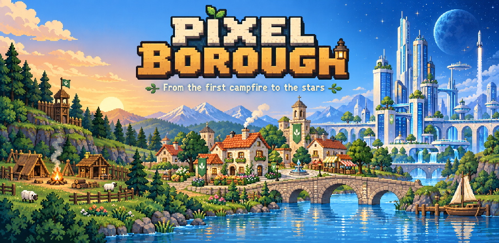 Pixel Borough illustrated world of riverside cottages and futuristic towers